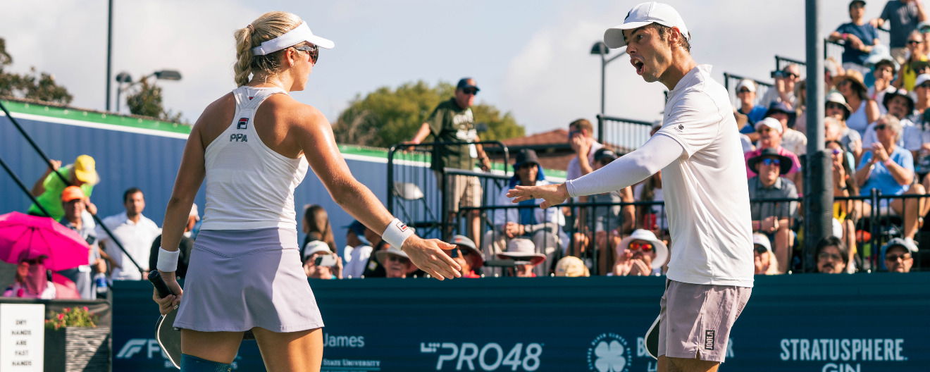 Anna Leigh Waters and Ben Johns celebrating a point in the mixed doubles final at the Veolia Lakeland Open presented by Six Zero.