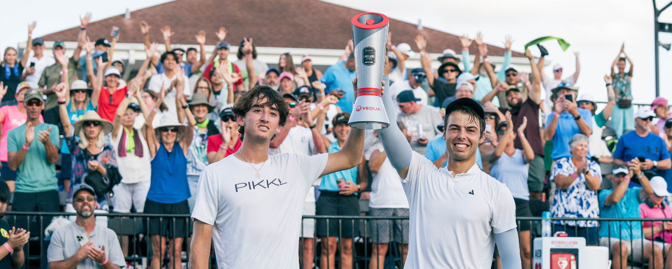 Gabe Tardio (left) and Ben Johns (right) celebrating their men's doubles title at the Veolia Lakeland Open presented by Six Zero.