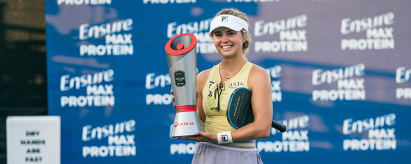 Anna Leigh Waters celebrating her women's singles title at the Veolia Lakeland Open presented by Six Zero.