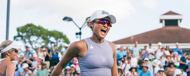 Anna Bright cheering on the pickleball court.