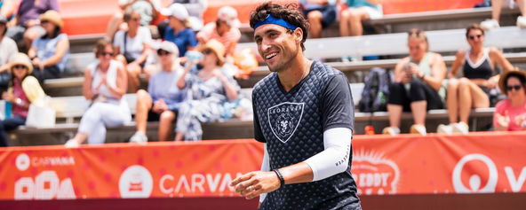 Jay Devilliers smiling during a tournament on the PPA Tour.
