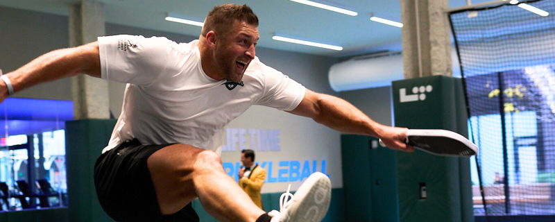 Tim Tebow showcasing his pickleball skills.