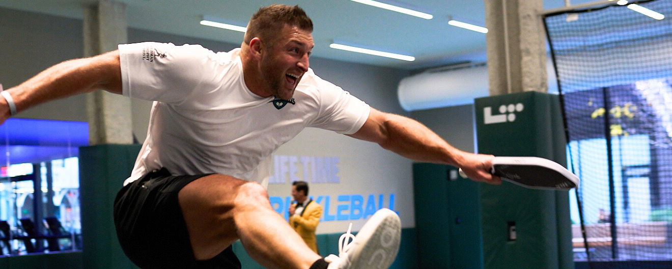 Tim Tebow showcasing his pickleball skills.