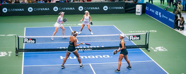 A women's doubles match at the Florida Dairy Famers Daytona Beach Open.