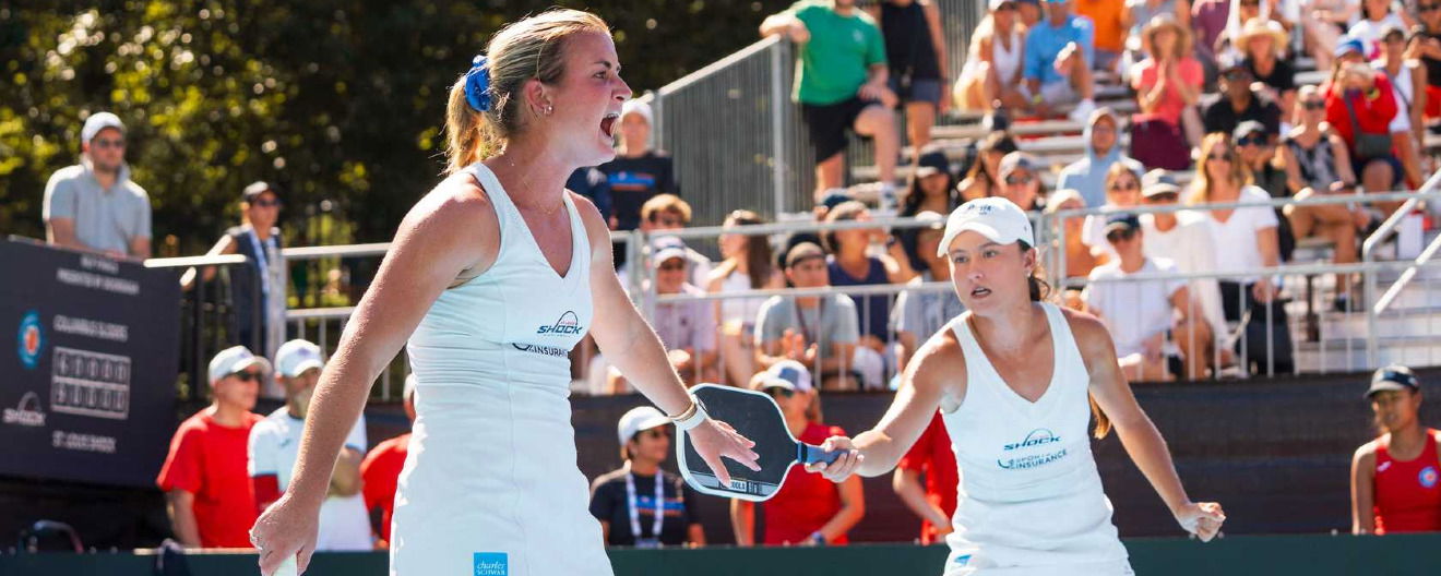 Kate Fahey and Anna Bright competing at the 2025 MLP Finals in New York City.