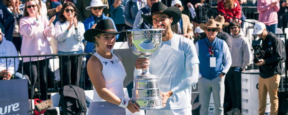 Anna Leigh Waters and Ben Johns celebrate their triumph at the Jenius Bank Pickleball World Championships.