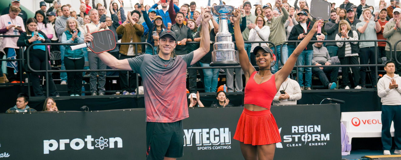 Tyra Black and Christian Alshon ccelebrating their mixed doubles title at the Pickleball Central Indoor National Championships in Lakeville, MN.