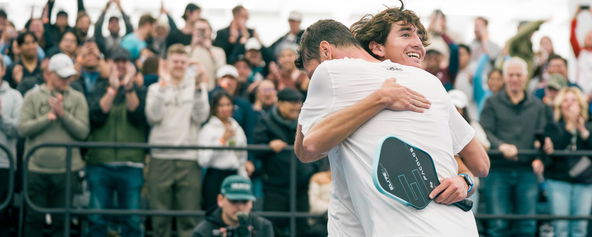 Gabe Tardio and Andrei Daescu celebrating their men's doubles title at the Pickleball Central Indoor National Championships in Lakeville, MN.