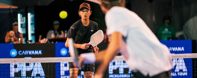 Tama Shimabukuro competing during a PPA Tour event in 2025.