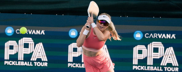 Anna Leigh Waters hitting a return.