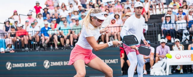 Anna Leigh Waters and Ben Johns playing pickleball mixed doubles.