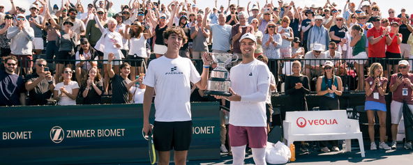 Gabe Tardio and Ben Johns with the men's doubles trophy at the Zimmer Biomet Cape Coral Open.