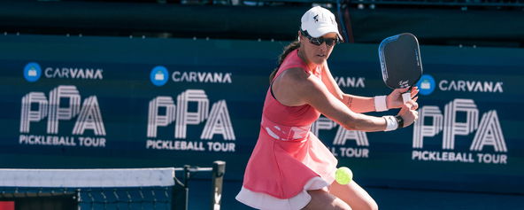 Kaitlyn Christian playing pickleball singles.