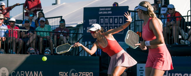 Anna Bright and Anna Leigh Waters playing pickleball doubles.