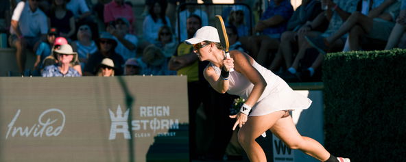 Mari Humberg hitting a pickleball forehand.