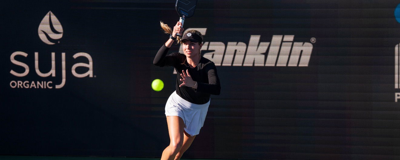 Sofia Sewing hitting a return in a PPA Tour event in 2024.