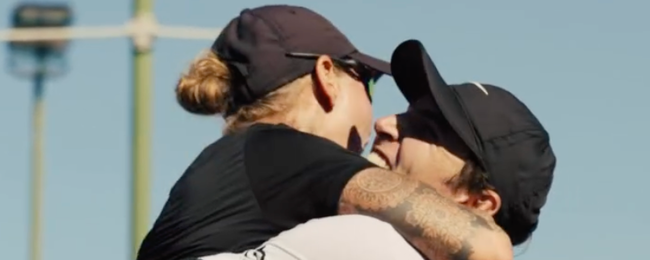 Tina Pisnik and Eric Oncins celebrate their victory on Friday.