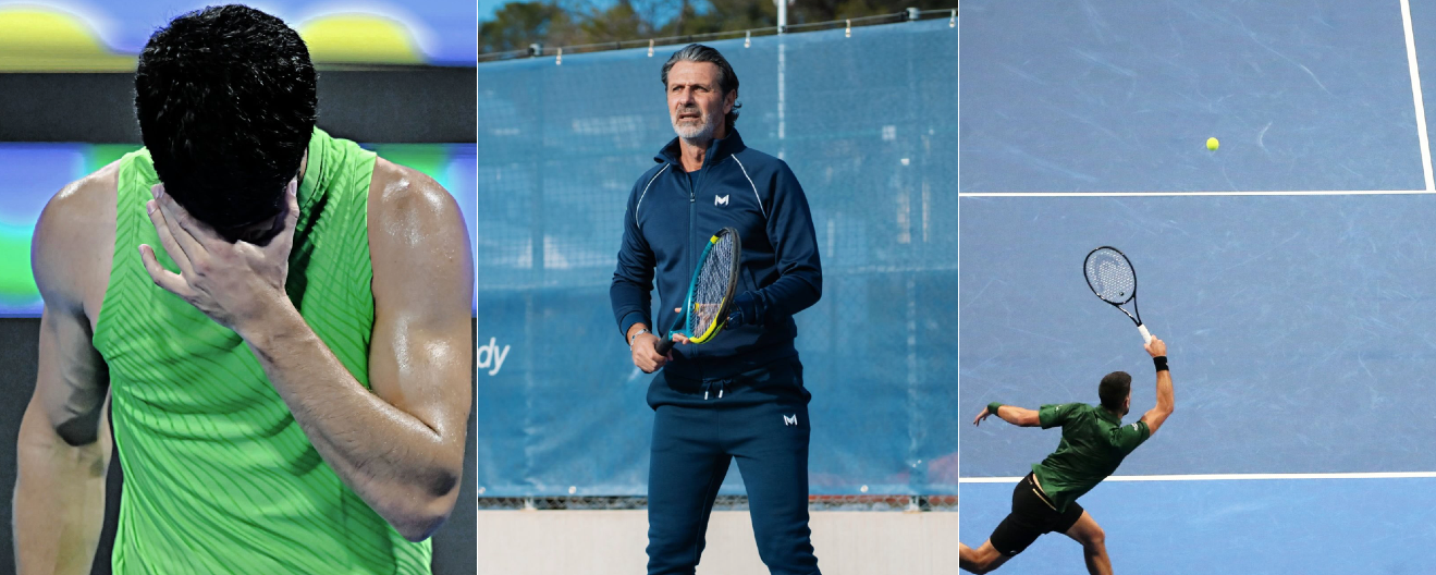 Three side by side tennis themed images showing a tennis pro with head in hand, coach Patrick Mouratoglou, and a pro tennis player hitting a forehand.