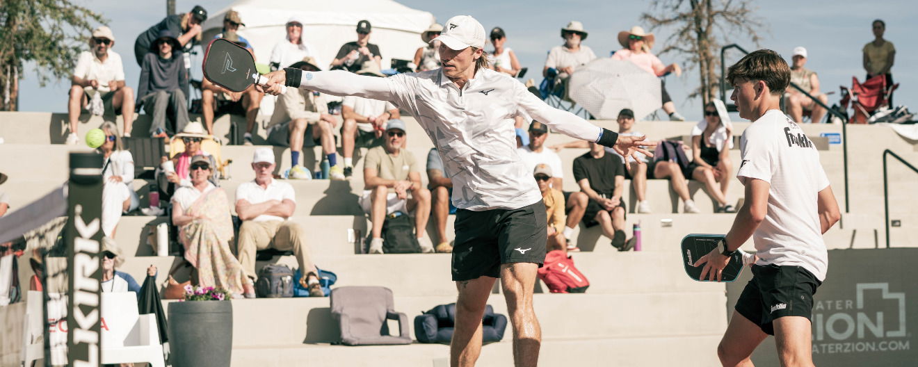 Christian Alshon and Hayden Patriquin playing pickleball men's doubles.