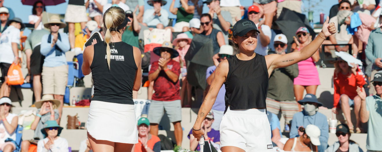Lacy Schneemann and Meghan Dizon celebrating their victory at the Greater Zion Cup at Black Desert Resort in St. George, Utah.