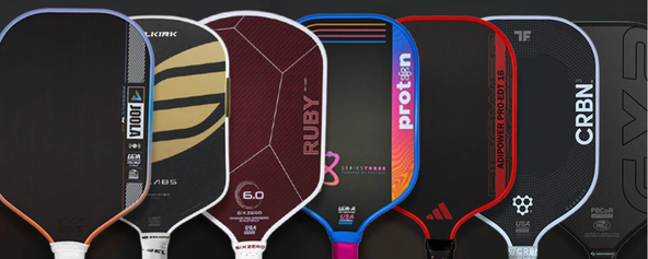 Seven top pickleball brands lined up aesthetically to showcase paddle face color and design.