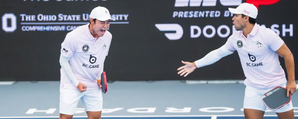 Yuta Funemizu and Nico Acevedo celebrating a point for the Miami Pickleball Club at MLP Columbus.