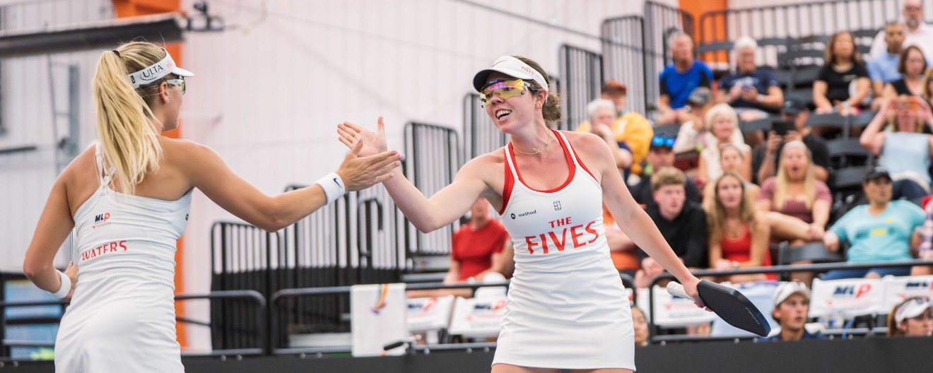 Anna Leigh Waters and Jorja Johnson celebrating a point for the New Jersey 5s at MLP Columbus.