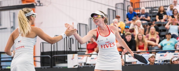 Anna Leigh Waters and Jorja Johnson celebrating a point for the New Jersey 5s at MLP Columbus.