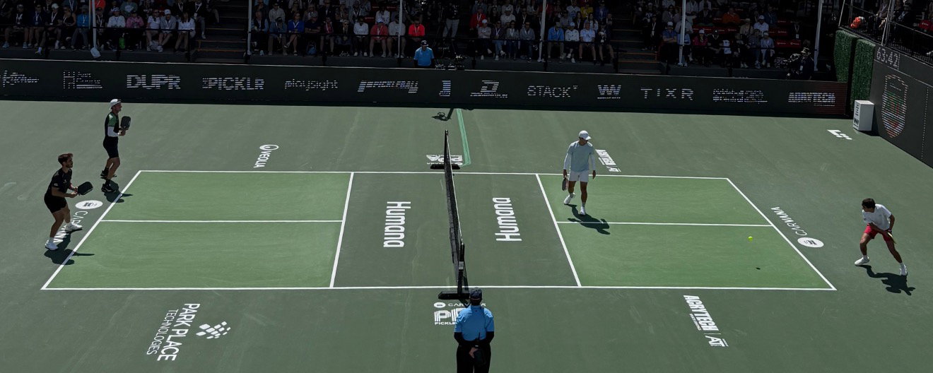 A men's doubles match on the PPA Tour.