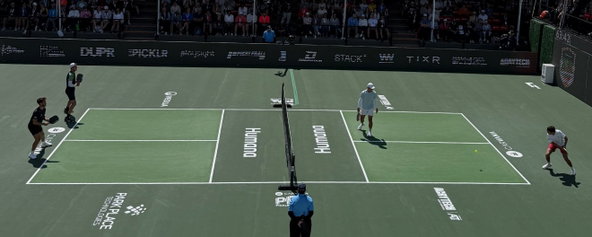 A men's doubles match on the PPA Tour.