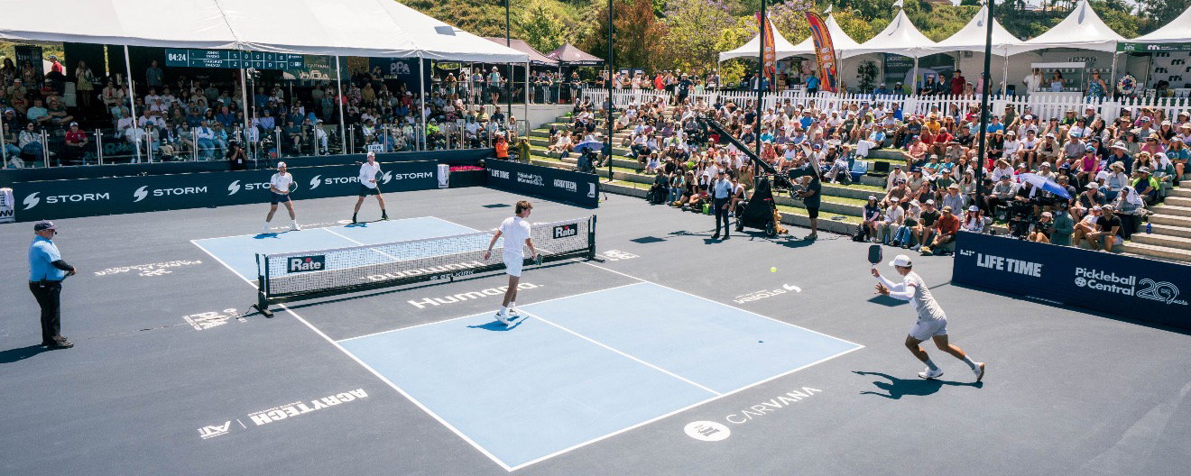 A men's doubles match at a PPA tournament.