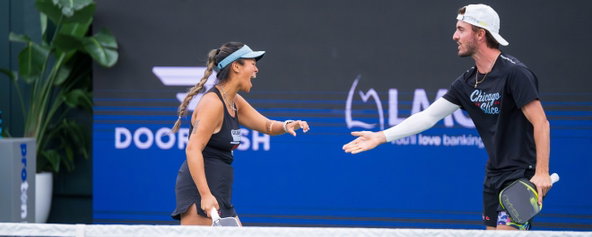 Jamie Wei and Hunter Johnson celebrating a point for the Chicago Slice at MLP St. Petersburg.