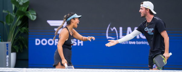 Jamie Wei and Hunter Johnson celebrating a point for the Chicago Slice at MLP St. Petersburg.