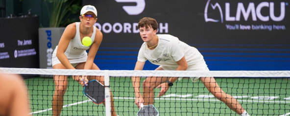 Anna Bright and Hayden Patriquin playing pro mixed doubles.