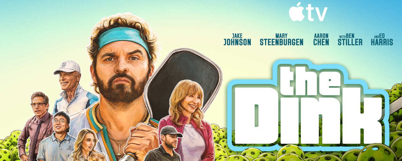 Art graphic with a drawing of the main characters and actor names.