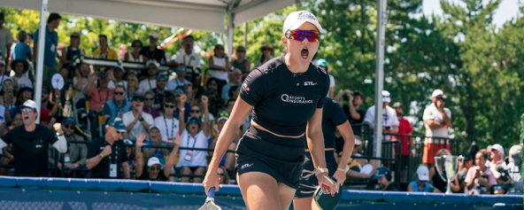 Anna Bright yelling on the pro pickleball court.