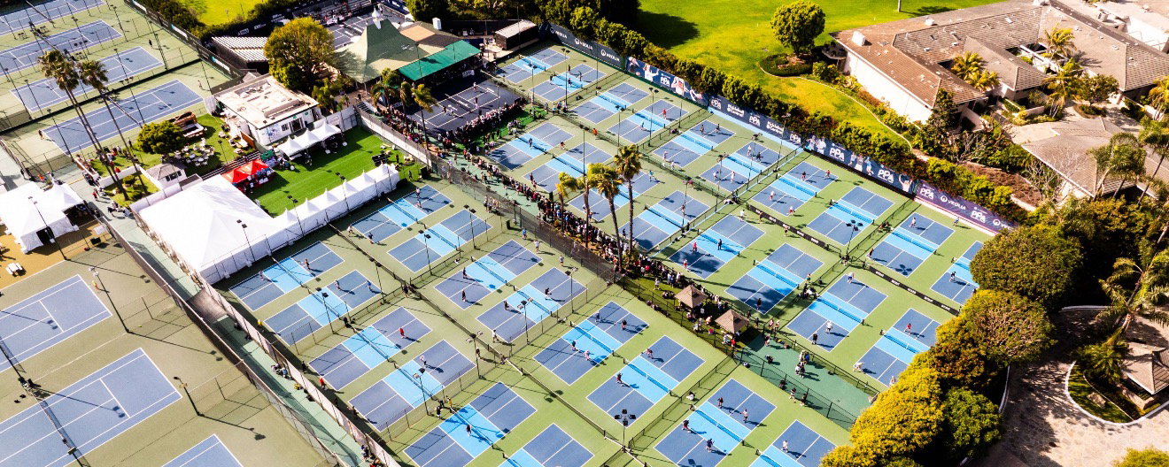 An overhead image of pickleball courts at a facility.