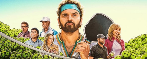 "The Dink" movie cover graphic with the actors holding paddles, surrounded by pickleballs.