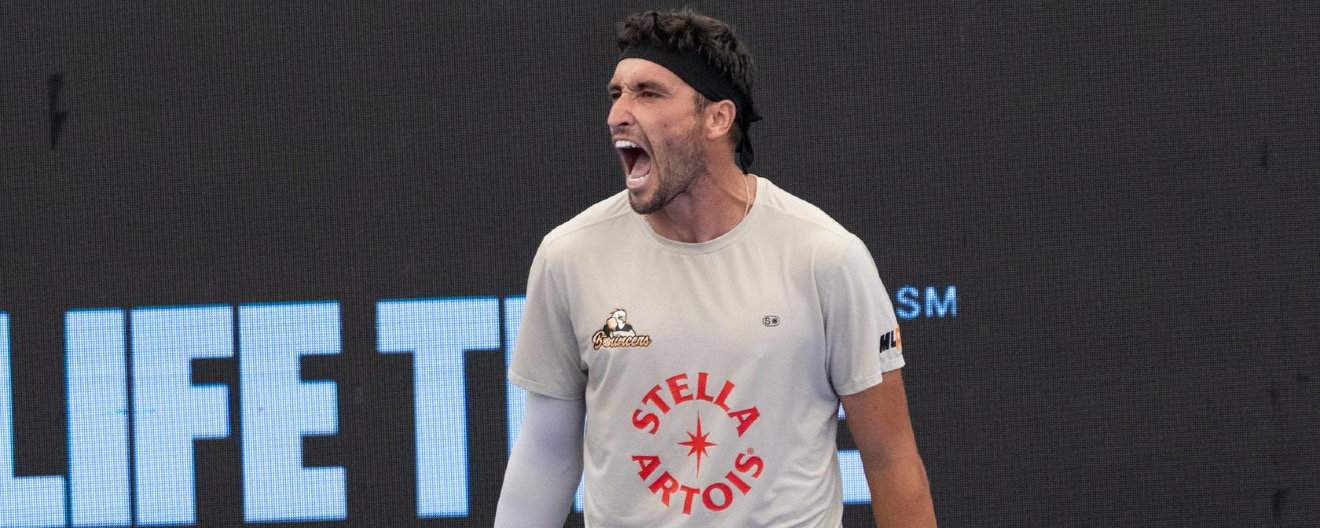 Jay Devilliers screaming in celebration on the pro pickleball tour.