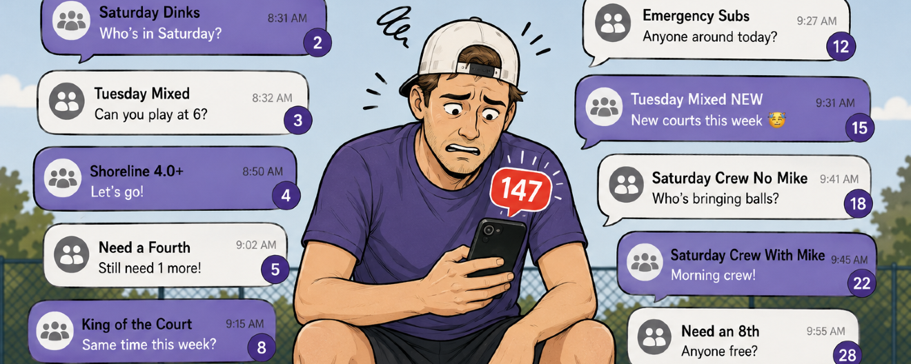 Player overwhelmed by incoming texts about multiple pickleball sessions