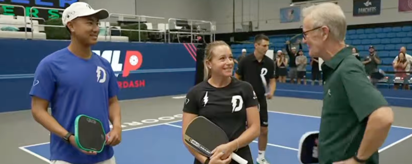 Augie Ge, Brooke Buckner and Steve Doocy on the court at Pickler Universe.