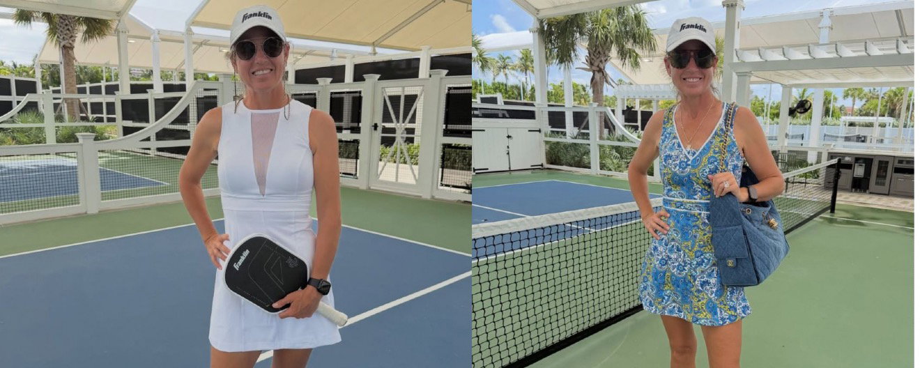 Leigh Waters wearing a white dress and a blue patterned dress playing pickleball.