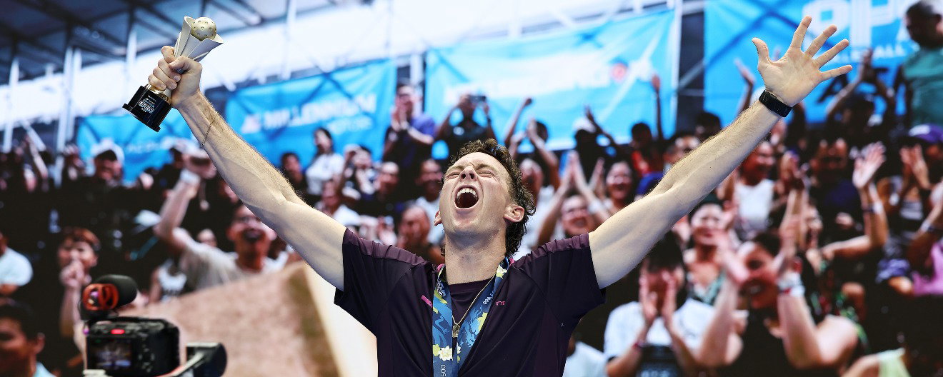 Grayson Goldin celebrating his men's singles title at the Skechers Shenzhen Open.