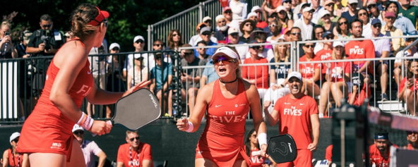 Anna Leigh Waters and Jorja Johnson celebrating a point for the New Jersey 5s at the 2026 Major League Pickleball Finals.