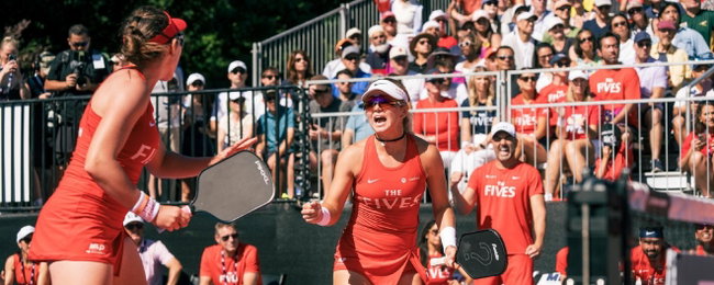 Anna Leigh Waters and Jorja Johnson celebrating a point for the New Jersey 5s at the 2026 Major League Pickleball Finals.