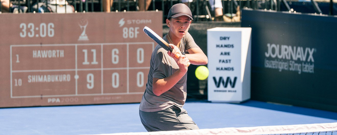 Tama Shimabukuro competing at the 2026 Veolia Pickleball National Championships in Cary, North Carolina.