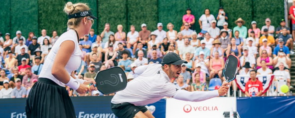 Ben Johns competes with the JOOLA Perseus Pro V 16mm paddle and his partner Anna Leigh Waters plays beside him with an unreleased Franklin paddle.