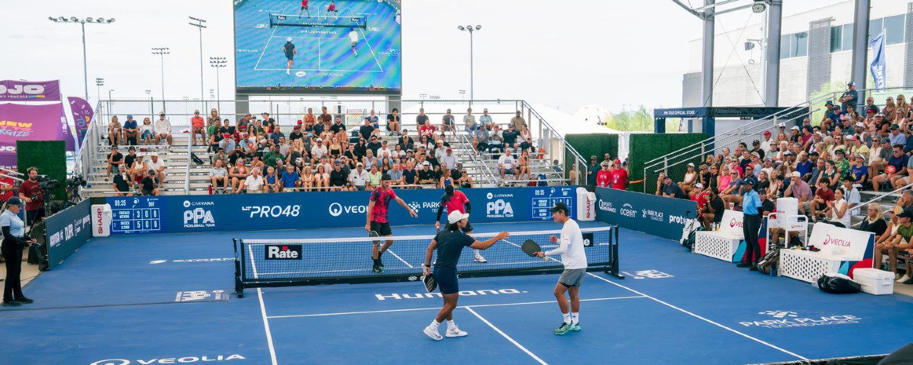 A men's doubles pro pickleball gold medal match.
