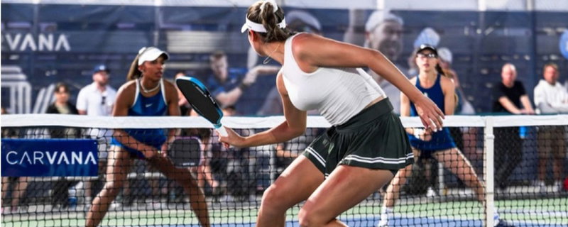 A women's doubles match at a PPA Tour event.