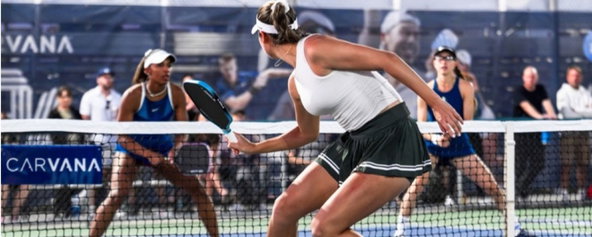 A women's doubles match at a PPA Tour event.